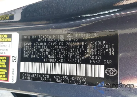 2026 Toyota Camry Xle from USA, damaged, VIN 4T1DBADK8TU543716